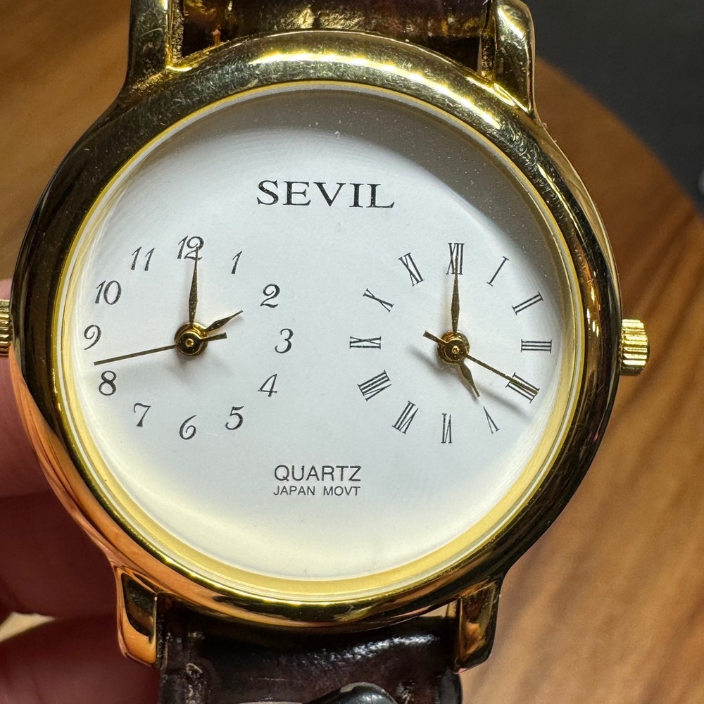 Sevil Dual Time Zone Watch Gold Tone Brown Leather Strap Japan Quartz Movt